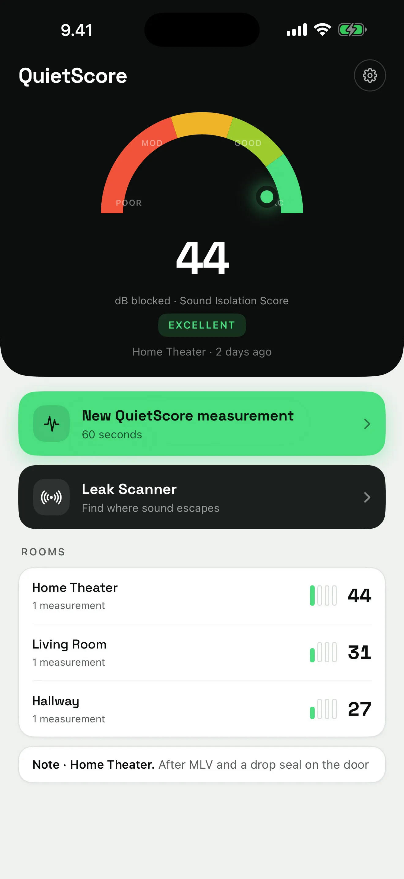 Home screen showing a Home Theater room at 44